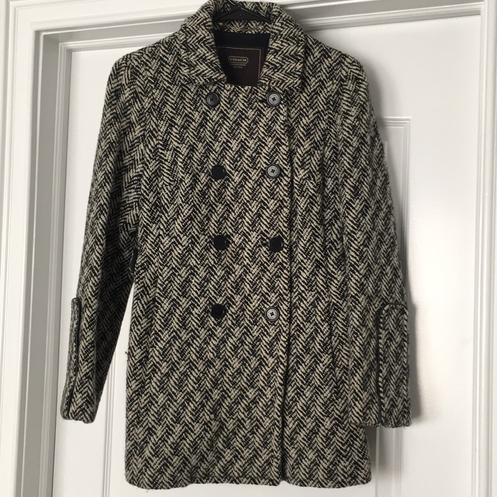 COACH cream/black herringbone double breasted coat